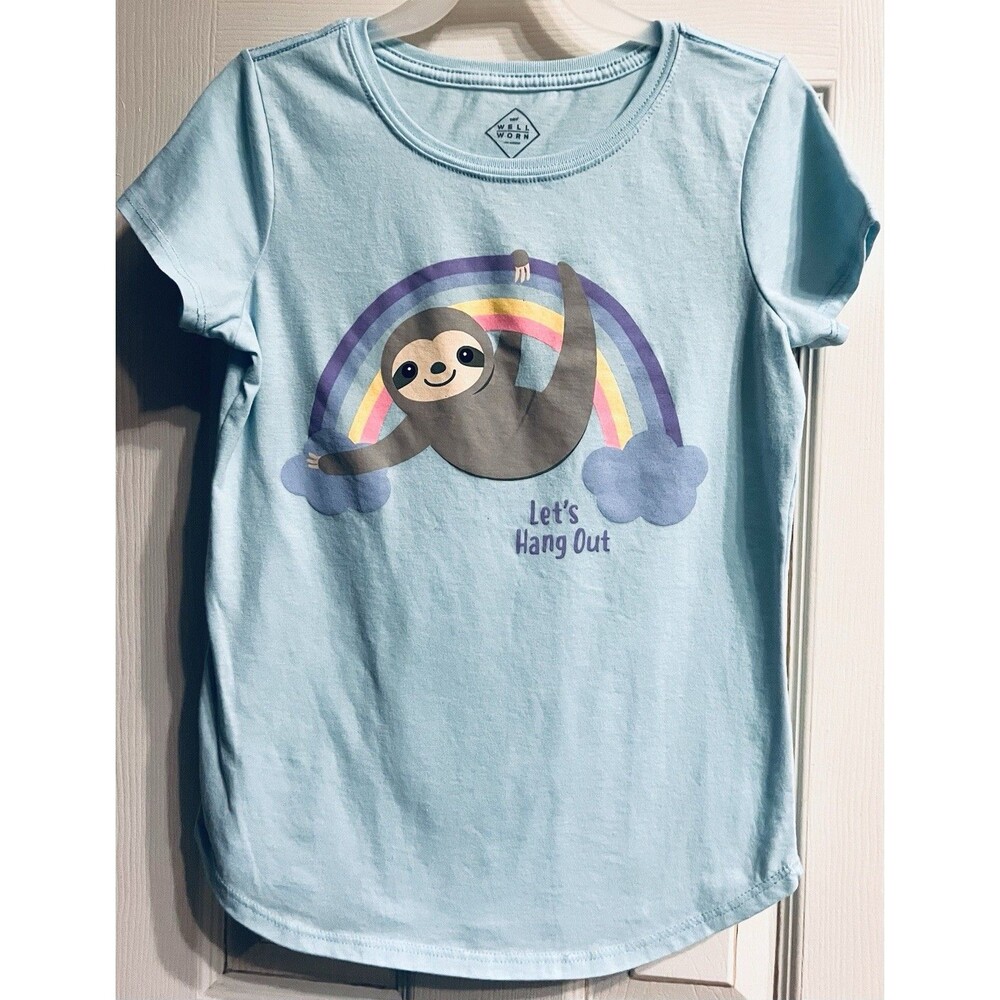 Well Worn Girls L 10-12 Sloth Rainbow Graphic Tee Let’s Hang Out Blue Shirt Crew